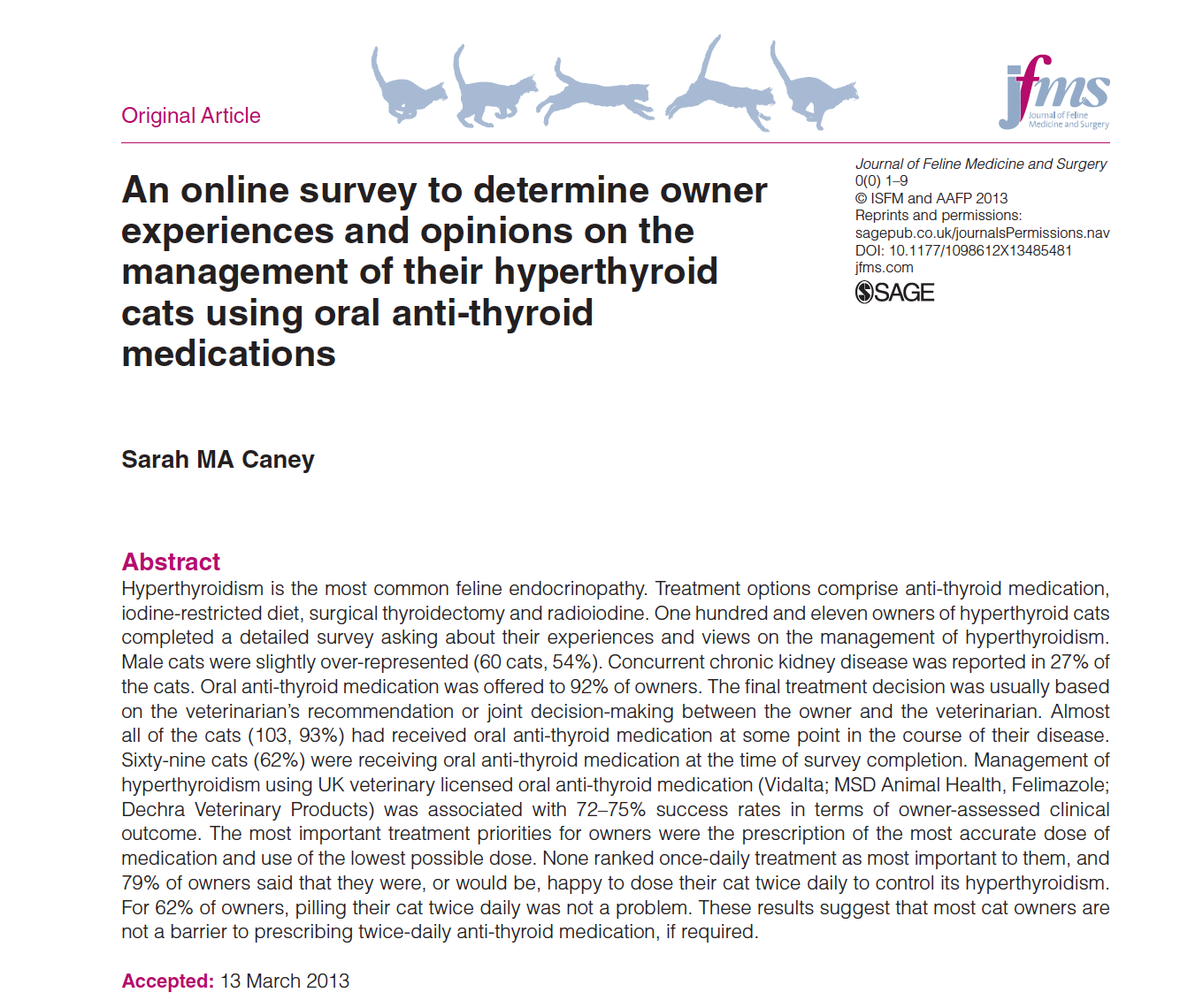 An online survey to determine owner experiences and opinions on the management of their hyperthyroid cats using oral anti-thyroid medications